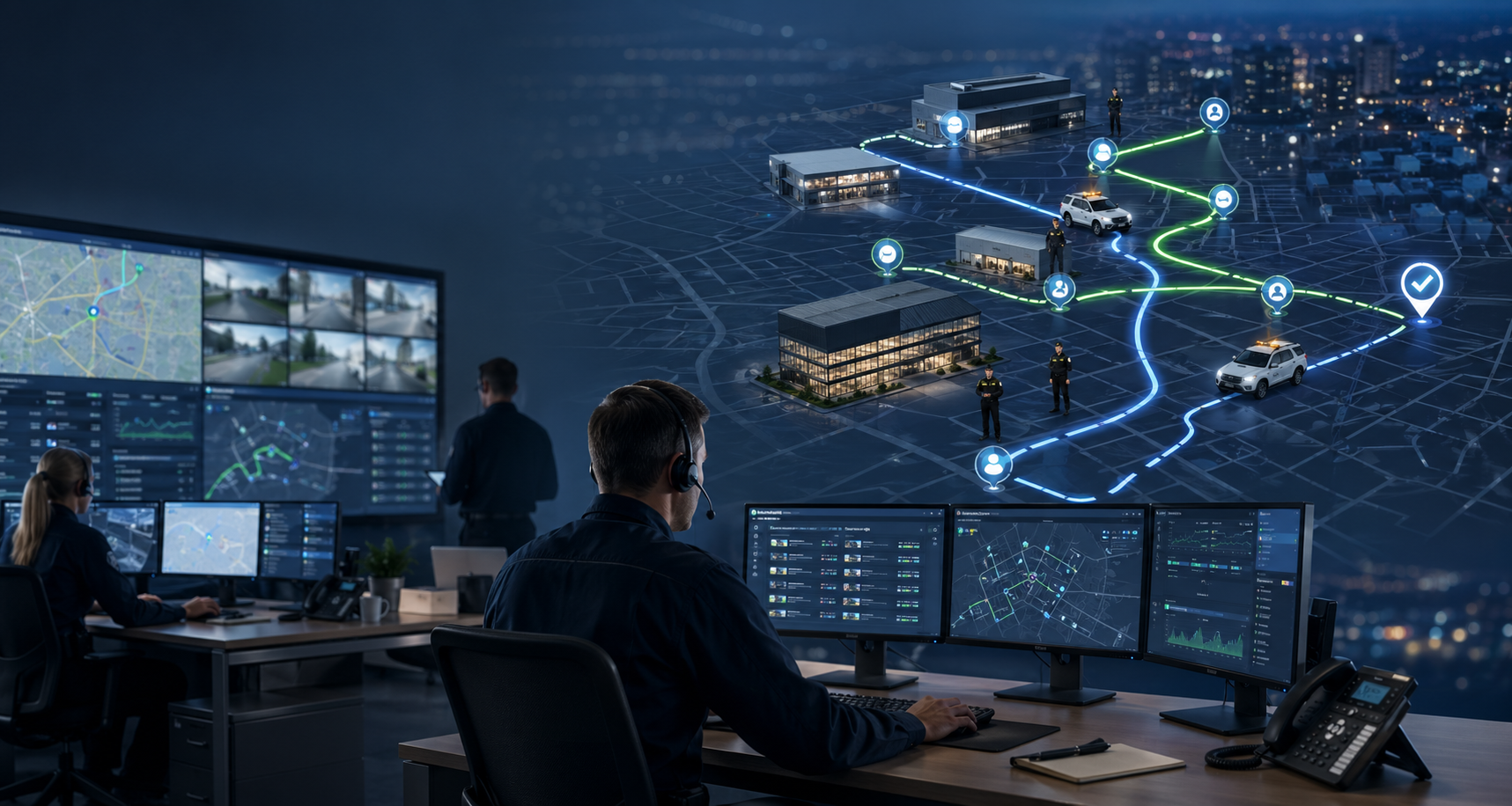 Einsatzleitstelle koordiniert Sicherheitsmitarbeiter, Objekte und optimierte Bewachungsrouten
